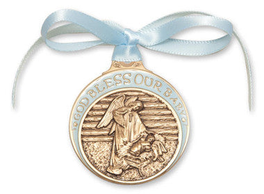 Gold Oxide Baby In Manger Crib Medal With Blue Ribbon - Pendant (4301BGX)