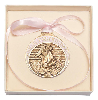 Gold Oxide Baby In Manger Crib Medal With Pink Ribbon - Pendant 4301PGX