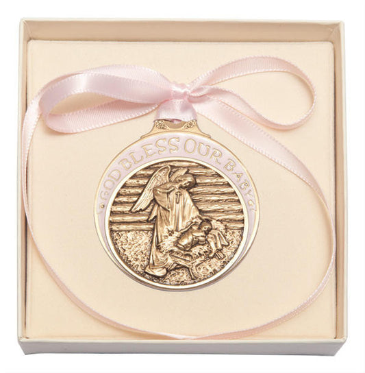 Gold Oxide Baby In Manger Crib Medal With Pink Ribbon - Pendant 4301PGX