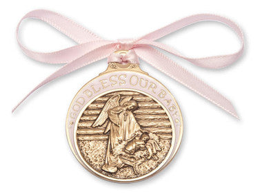Gold Oxide Baby In Manger Crib Medal With Pink Ribbon - Pendant (4301PGX)