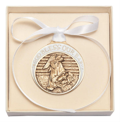 Gold Oxide Baby In Manger Crib Medal With White Ribbon - Pendant 4301WGX