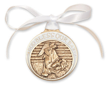 Gold Oxide Baby In Manger Crib Medal With White Ribbon - Pendant (4301WGX)