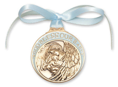 Gold Oxide Baby With Angel Crib Medal With Blue Ribbon - Pendant (4300BGX)
