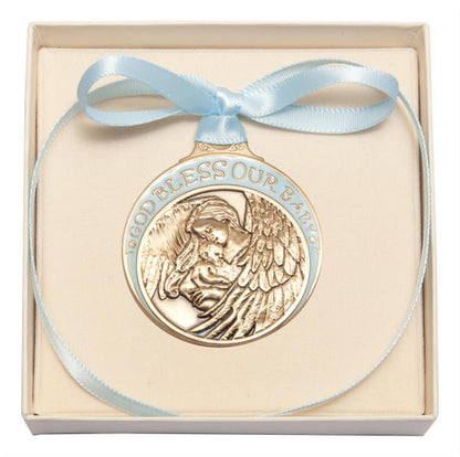 Gold Oxide Baby With Angel Crib Medal With Blue Ribbon - Pendant 4300BGX