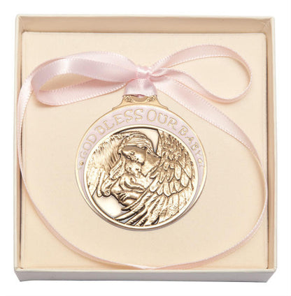 Gold Oxide Baby With Angel Crib Medal With Pink Ribbon - Pendant 4300PGX