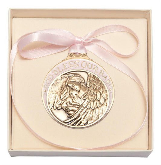 Gold Oxide Baby With Angel Crib Medal With Pink Ribbon - Pendant 4300PGX