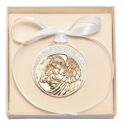 Gold Oxide Baby With Angel Crib Medal With White Ribbon - Pendant 4300WGX