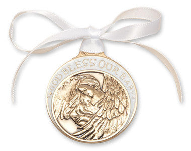 Gold Oxide Baby With Angel Crib Medal With White Ribbon - Pendant (4300WGX)