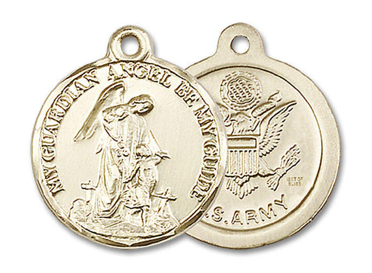 Guardain Angel Army Medal - 14kt Gold 7/8 x 3/4 Round Pendant 0341