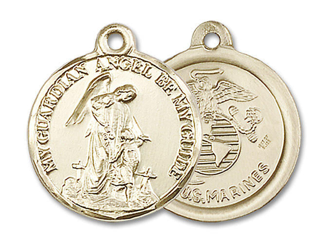Guardain Angel Marines Medal - 14kt Gold 7/8 x 3/4 Round Pendant 0341