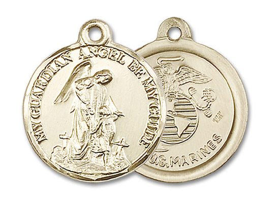 Guardain Angel Marines Medal - 14kt Gold 7/8 x 3/4 Round Pendant 0341