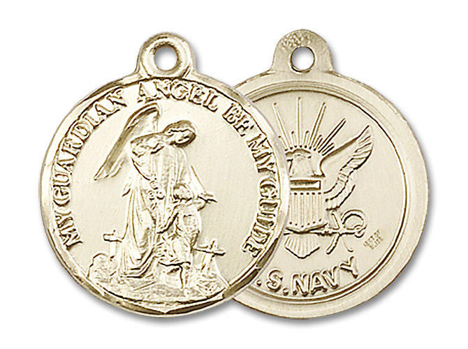 Guardain Angel Navy Medal - 14kt Gold 7/8 x 3/4 Round Pendant 0341