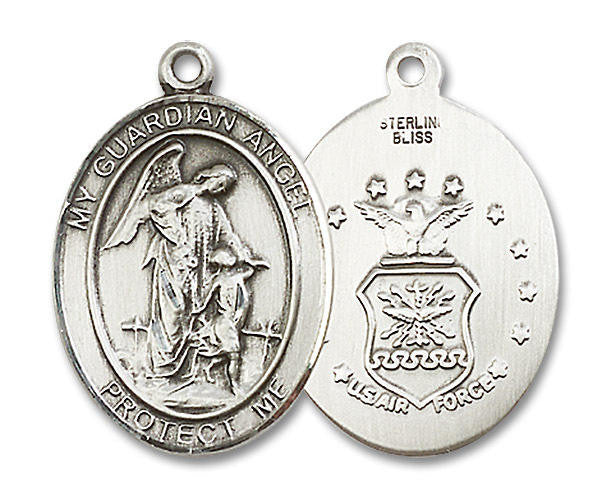 Guardian Angel Air Force Medal - Sterling Silver Oval Pendant 3 Sizes