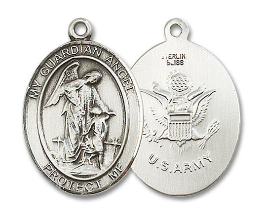 Guardian Angel Army Medal - Sterling Silver Oval Pendant 3 Sizes