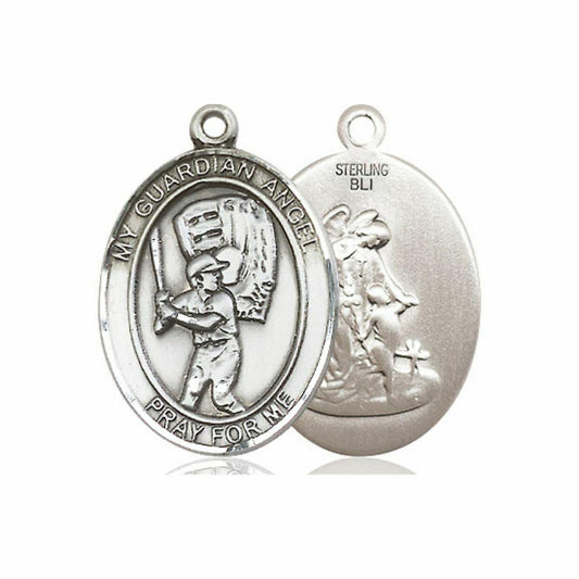 Guardian Angel Baseball Medal - Sterling Silver Oval Pendant 2 Sizes