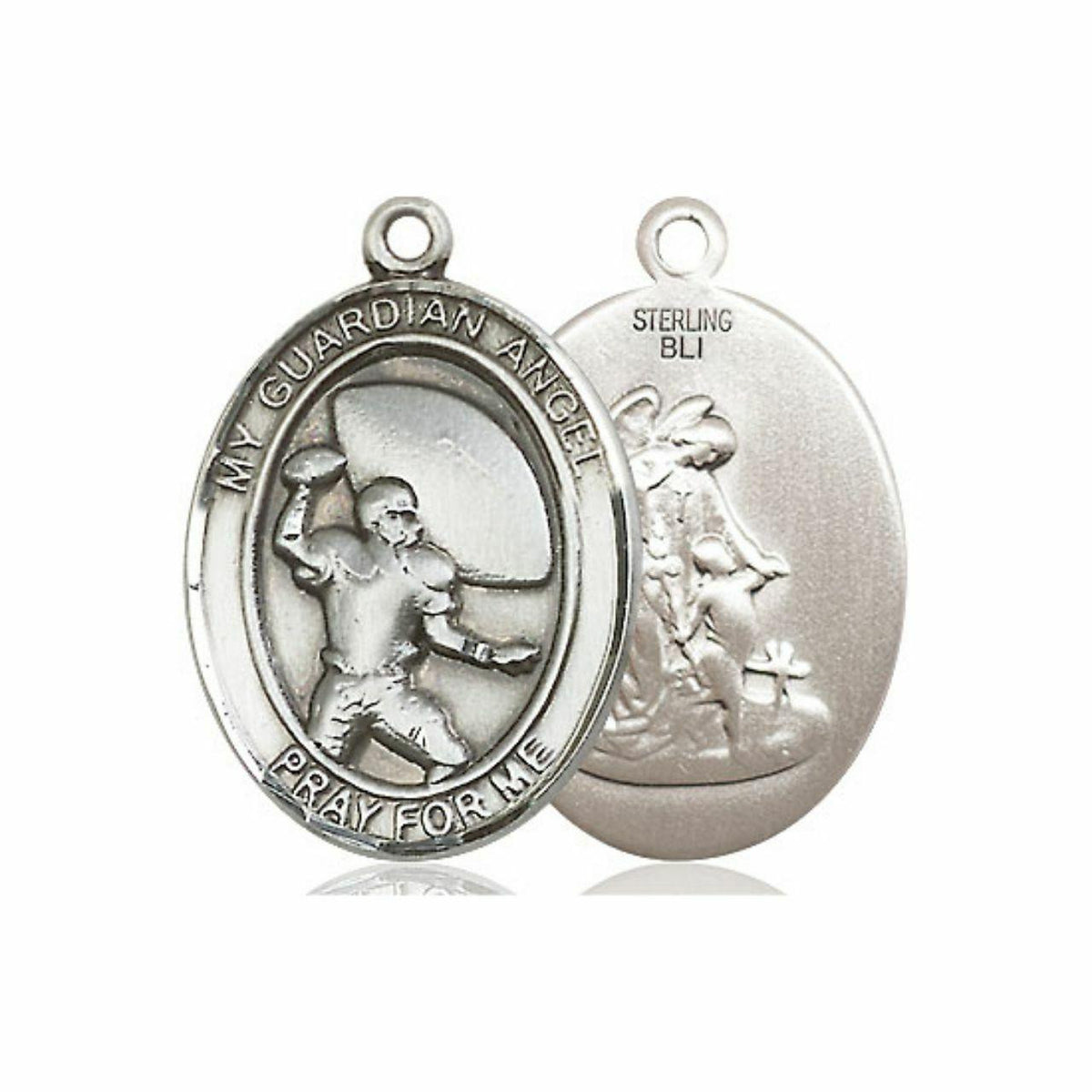 Guardian Angel Football Medal - Sterling Silver Oval Pendant 2 Sizes