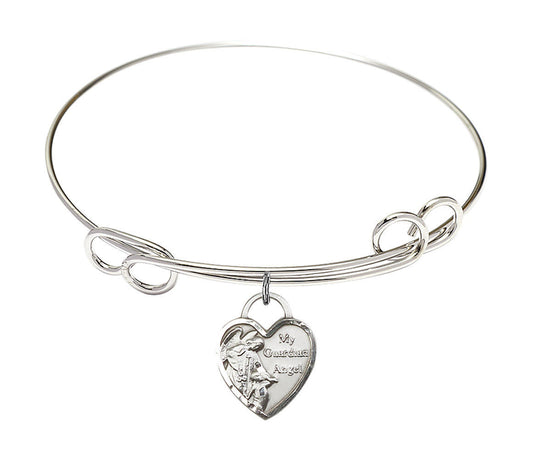 Guardian Angel Heart Double Loop Bangle Bracelet - Sterling Silver Charm