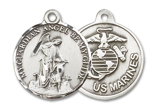 Guardian Angel Marines Medal - Sterling Silver 7/8 x 3/4 Round Pendant 0341SS4