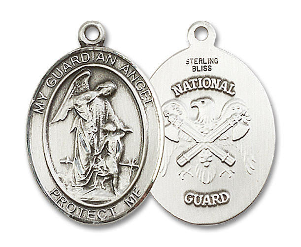 Guardian Angel National Guard Medal - Sterling Silver Oval Pendant 3 Sizes