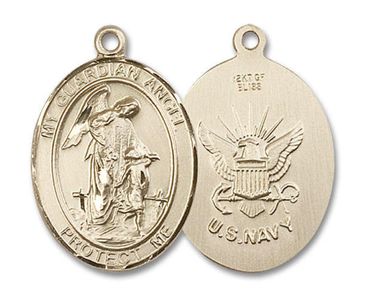 Guardian Angel Navy Medal - 14kt Gold Oval Pendant 3 Sizes
