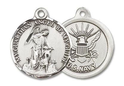Guardian Angel Navy Medal - Sterling Silver 7/8 x 3/4 Round Pendant 0341SS6
