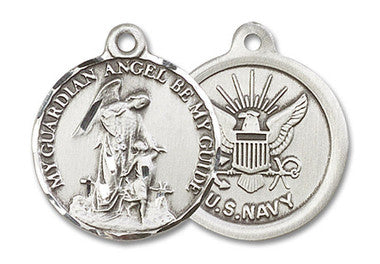 Guardian Angel Navy Medal - Sterling Silver 7/8" x 3/4" Round Pendant (0341SS6)