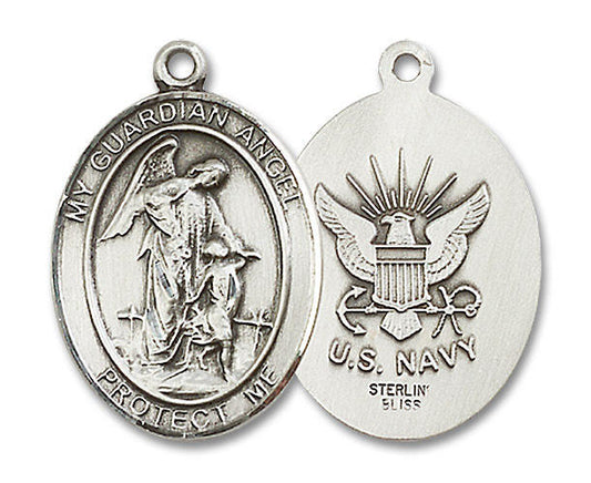Guardian Angel Navy Medal - Sterling Silver Oval Pendant 3 Sizes