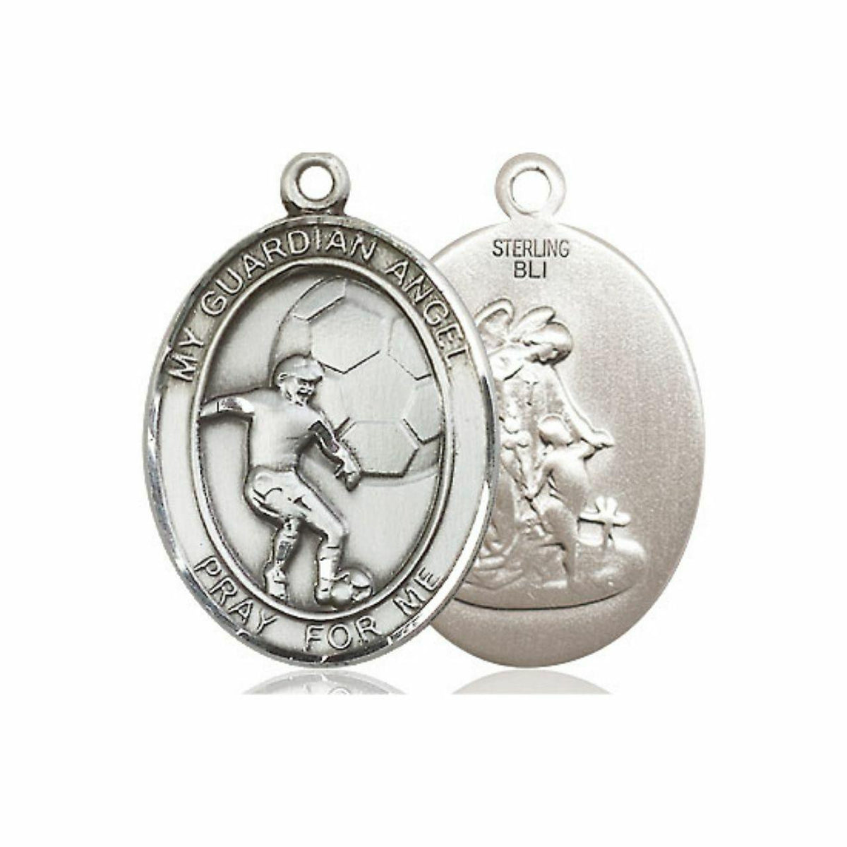 Guardian Angel Soccer Medal - Sterling Silver Oval Pendant 2 Sizes