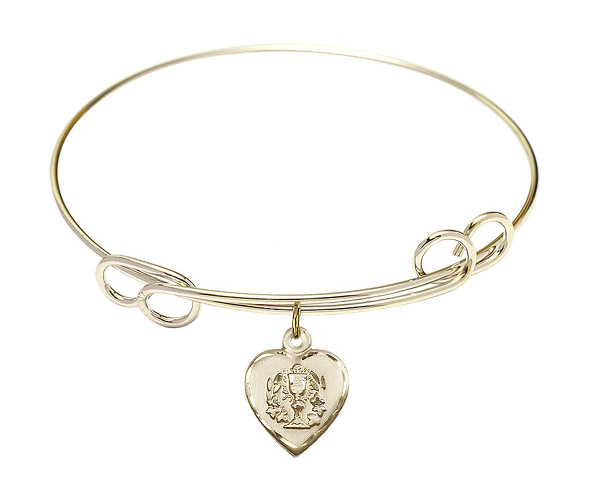 Heart - Communion Double Loop Bangle Bracelet - Gold-Filled Charm