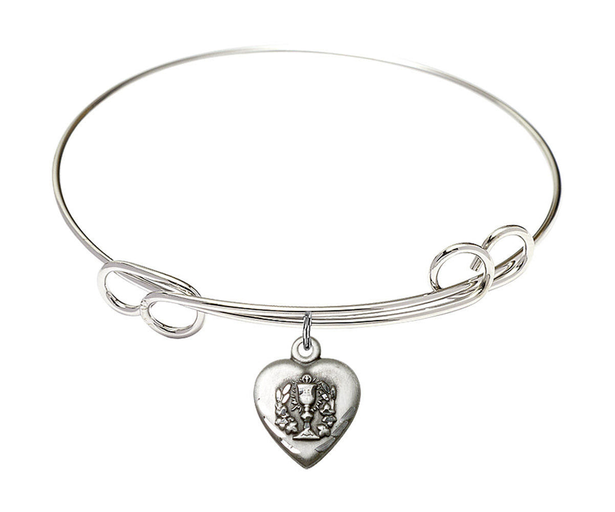 Heart - Communion Double Loop Bangle Bracelet - Sterling Silver Charm