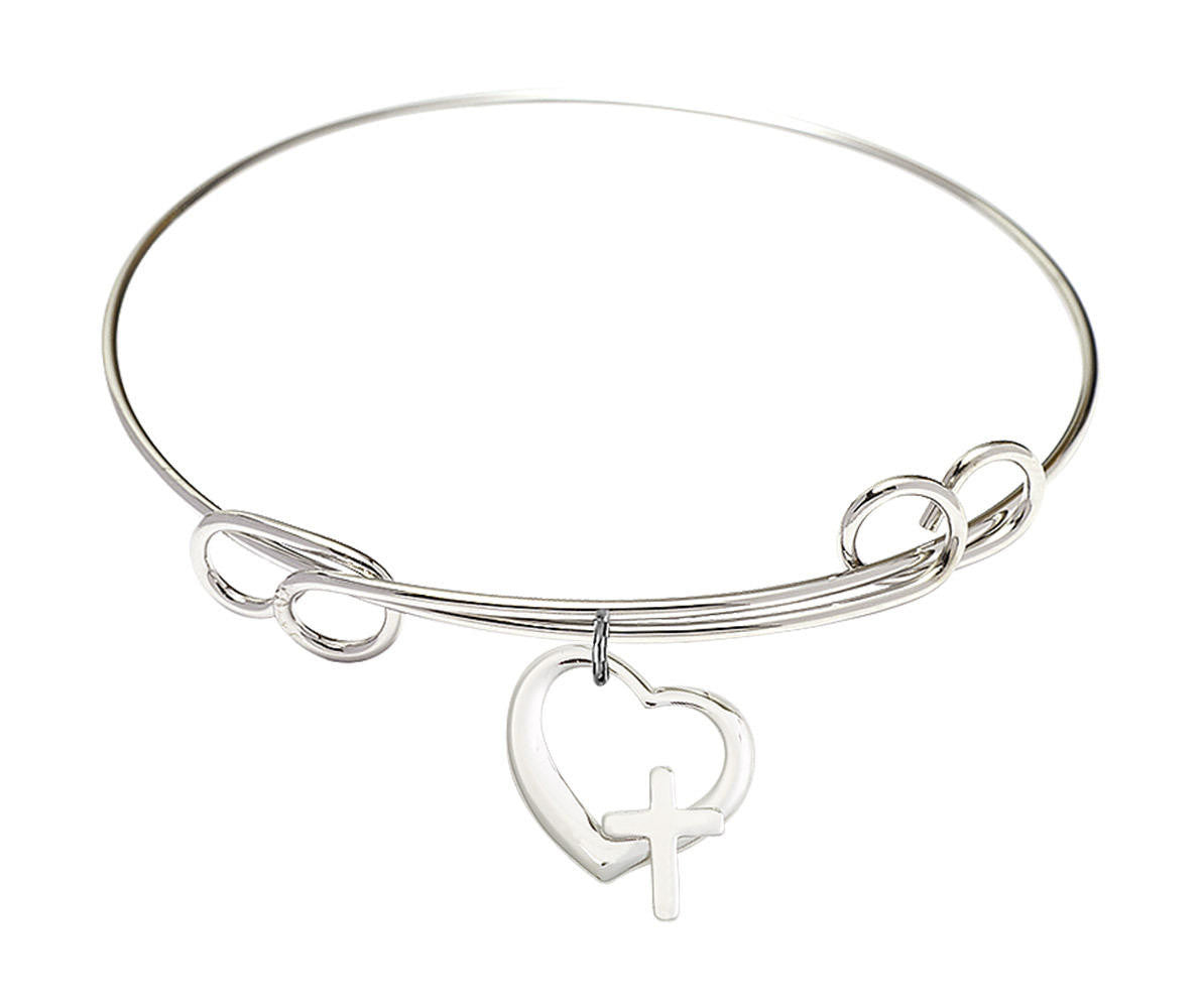 Heart - Cross Double Loop Bangle Bracelet - Sterling Silver Charm