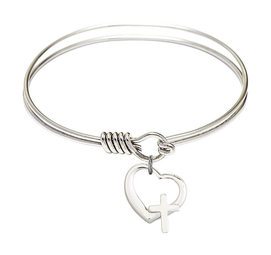 Heart - Cross Round Eye Hook Bangle Bracelet - Sterling Silver Charm - 6.25 Inch 4207SS