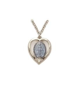 Heart Pierced Miraculous Medal Necklace - Sterling Silver Pendant on 18 Stainless Chain SM9207SH