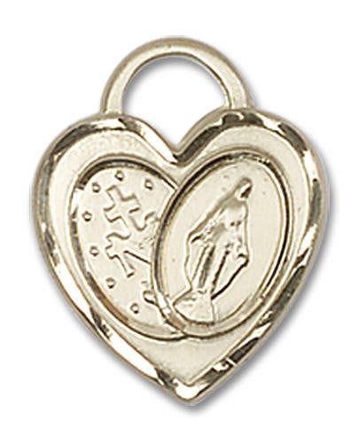 Heart Shaped Miraculous Medal Pendant - 14kt Gold 3/4 x 5/8 3212