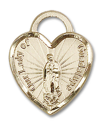 Heart Shaped Our Lady of Guadalupe Quinceanera Pendant - 14kt Gold 3/4 x 5/8 3209