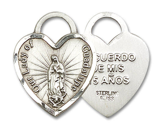 Heart Shaped Our Lady of Guadalupe Quinceanera Pendant - Sterling Silver 3/4 x 5/8 3209SS