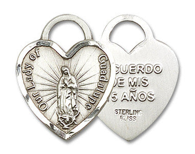 Heart Shaped Our Lady of Guadalupe Quinceanera Pendant - Sterling Silver 3/4" x 5/8" (3209SS)
