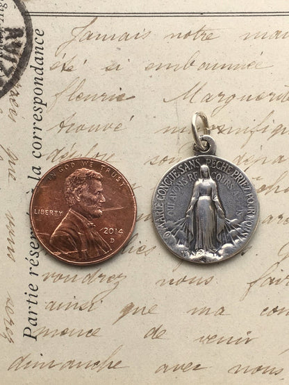 Miraculous Medal - Sterling Silver 3/4" Round Antique Replica Pendant