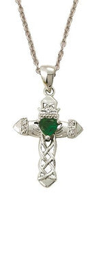 Irish Green Heart Cross Necklace - Sterling Silver Pendant on 18" Stainless Chain (SX9053SH)
