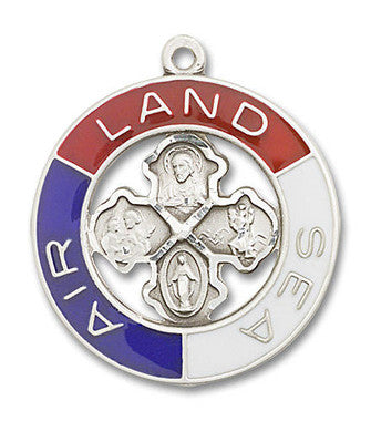 Land, Sea, Air 4-Way Medal Pendant - Sterling Silver 1 3/8" x 1 1/8" (4142SS)