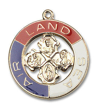 Land, Sea, Air 4-Way Medal Pendant - Sterling/Gold-filled 1 3/8" x 1 1/8" Round Pendant (4142SSG)