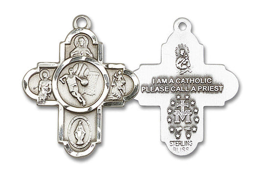 Large Basketball 5-Way Medal - Sterling Silver 1 1/8 x 1 5/8 Pendant 5742SS