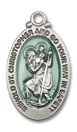 Large Blue Behold St Christopher Medal - Sterling Silver 1 1/8 x 5/8 Oval Pendant 4145ECSS