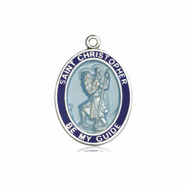 Large Blue St. Christopher Medal - Sterling Silver 1" x 3/4" Blue Rimmed Oval Pendant (7022BBSS)