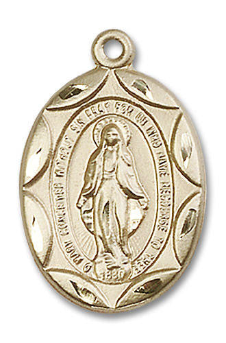 Large Embellished Miraculous Medal - 14kt Gold 1 x 5/8 Oval Pendant 0801M