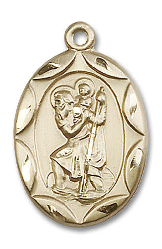 Large Embellished St Christopher Medal - 14kt Gold 1 x 5/8 Oval Pendant 0801C