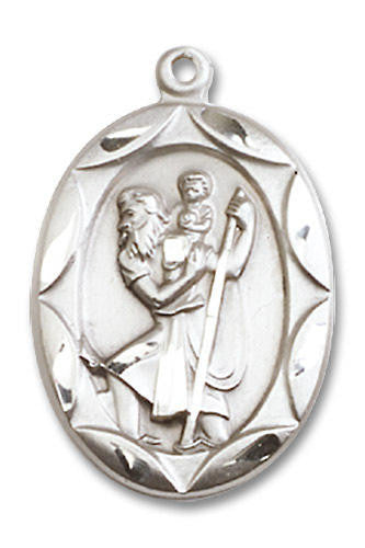 Large Embellished St Christopher Medal - Sterling Silver 1 x 5/8 Oval Pendant 0801CSS