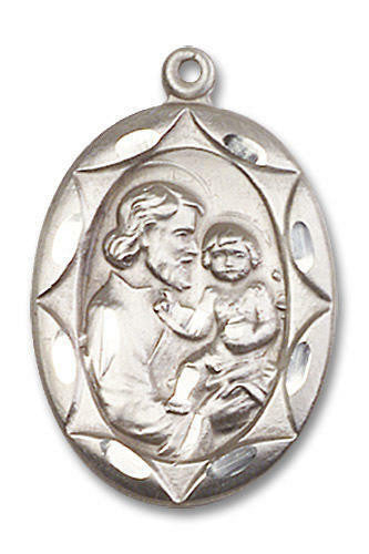 Large Embellished St Joseph Medal - Sterling Silver 1 x 5/8 Oval Pendant 0801KSS