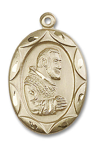 Large Embellished St Padre Pio Medal - 14kt Gold 1 x 5/8 Oval Pendant 0801PI
