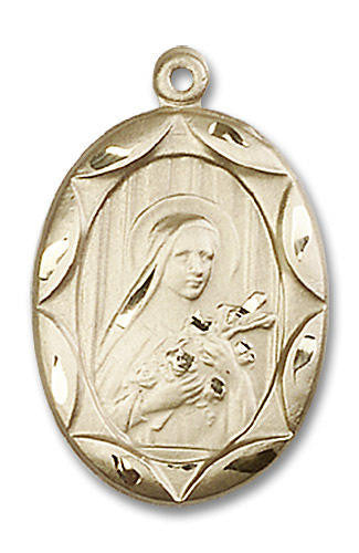 Large Embellished St Theresa Medal - 14kt Gold 1 x 5/8 Oval Pendant 0801T